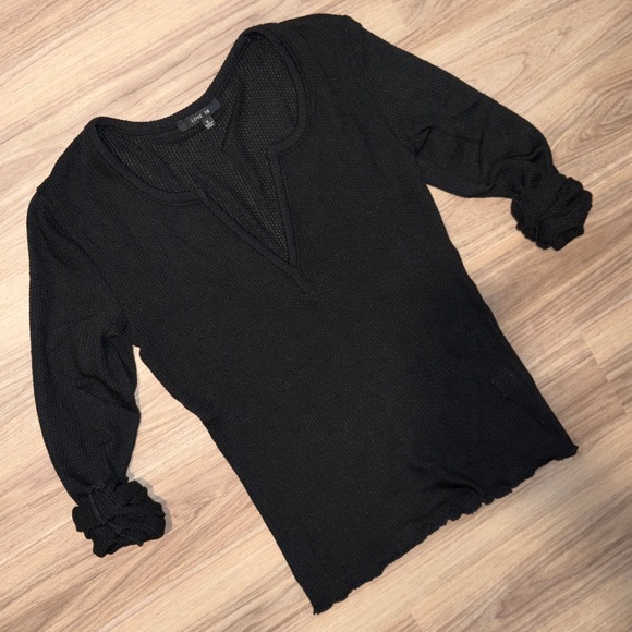Long Sleeve V Neck Henley Top- Black - Picture 6 of 6